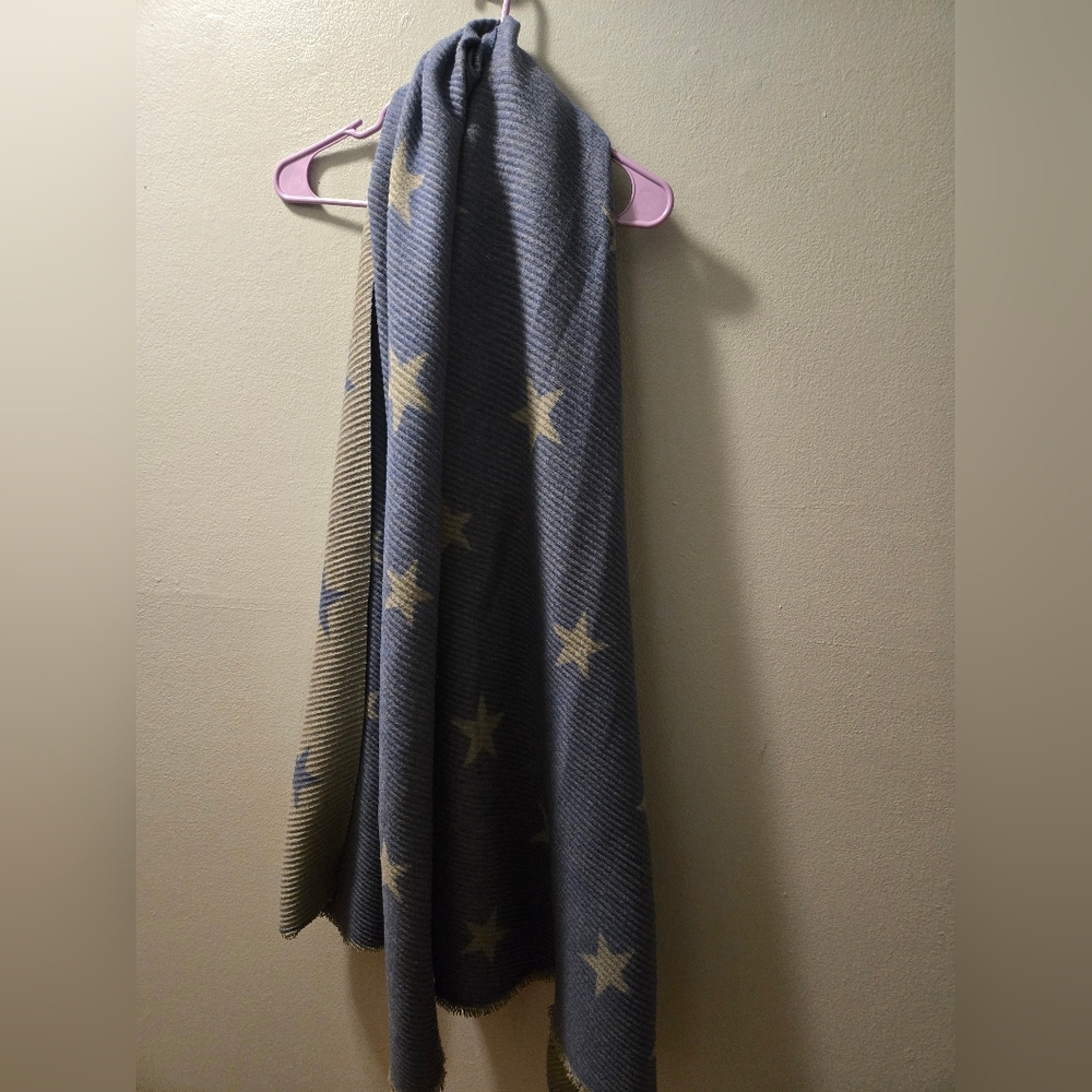 Gray And Blue Star Reversible Textured Blanket Scarf Cozy Bold